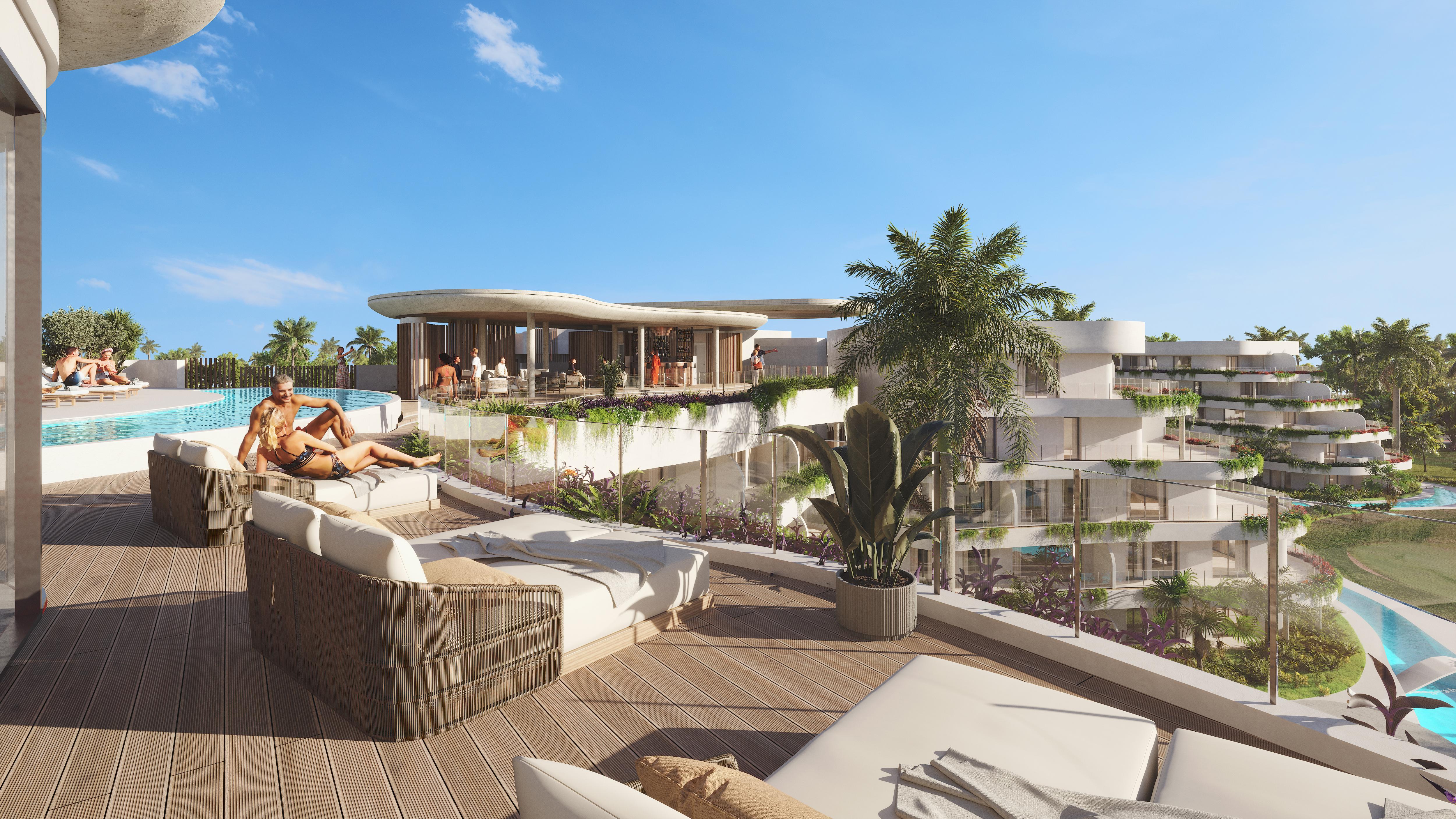 Proyecto en plano de apartamentos de 1, 2 y 3 habitaciones con vistas al campo de golf y al lago, ubicado en Punta Cana