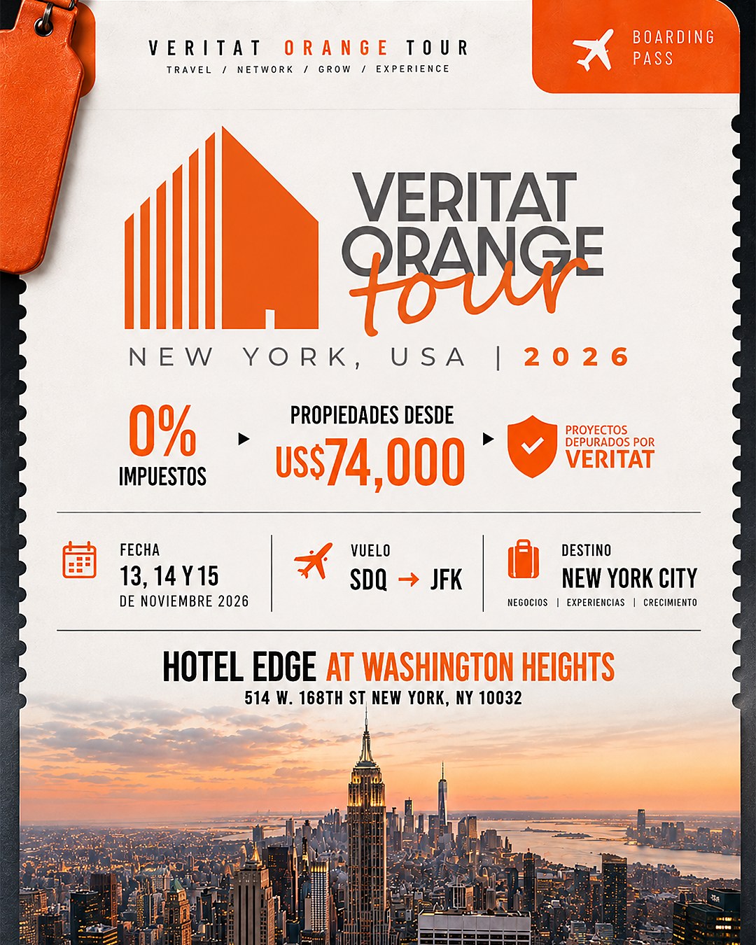 Flyer oficial del Veritat Orange Tour New York 2026: 13, 14 y 15 de noviembre en el Hotel Edge, propiedades desde US$74,000