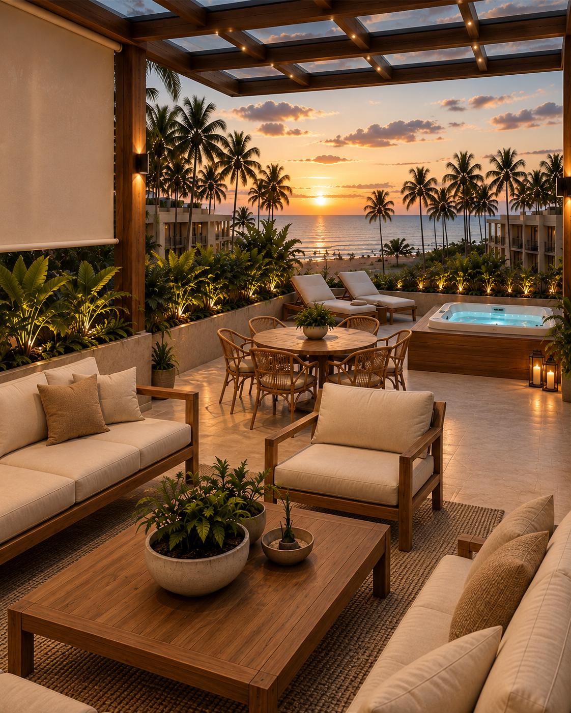 Terraza del penthouse de Casa Cristalina al atardecer, Las Terrenas