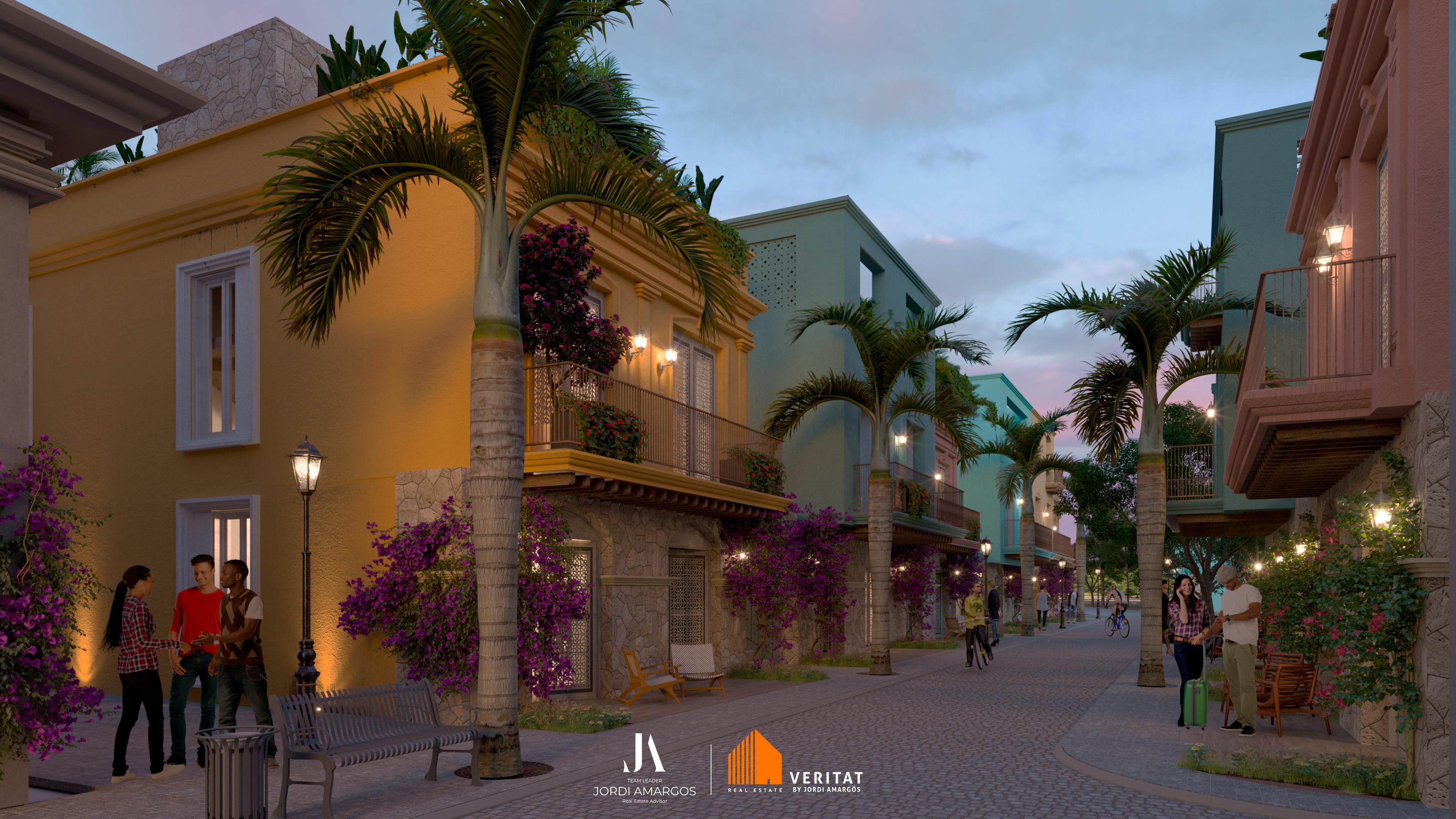 Calle de Pueblo Caribeño en VistaCana al atardecer
