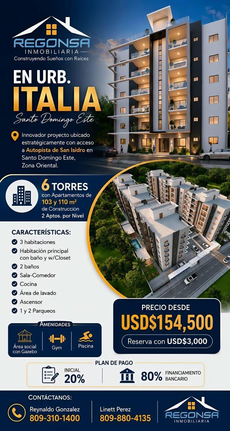 Apartamentos en ventas Urbanizacion Italia, Torre de 6 Niveles, 2 Aptos. Por pisos, Piscina, area de juegos, Proximo a la Autopista de San Isidro