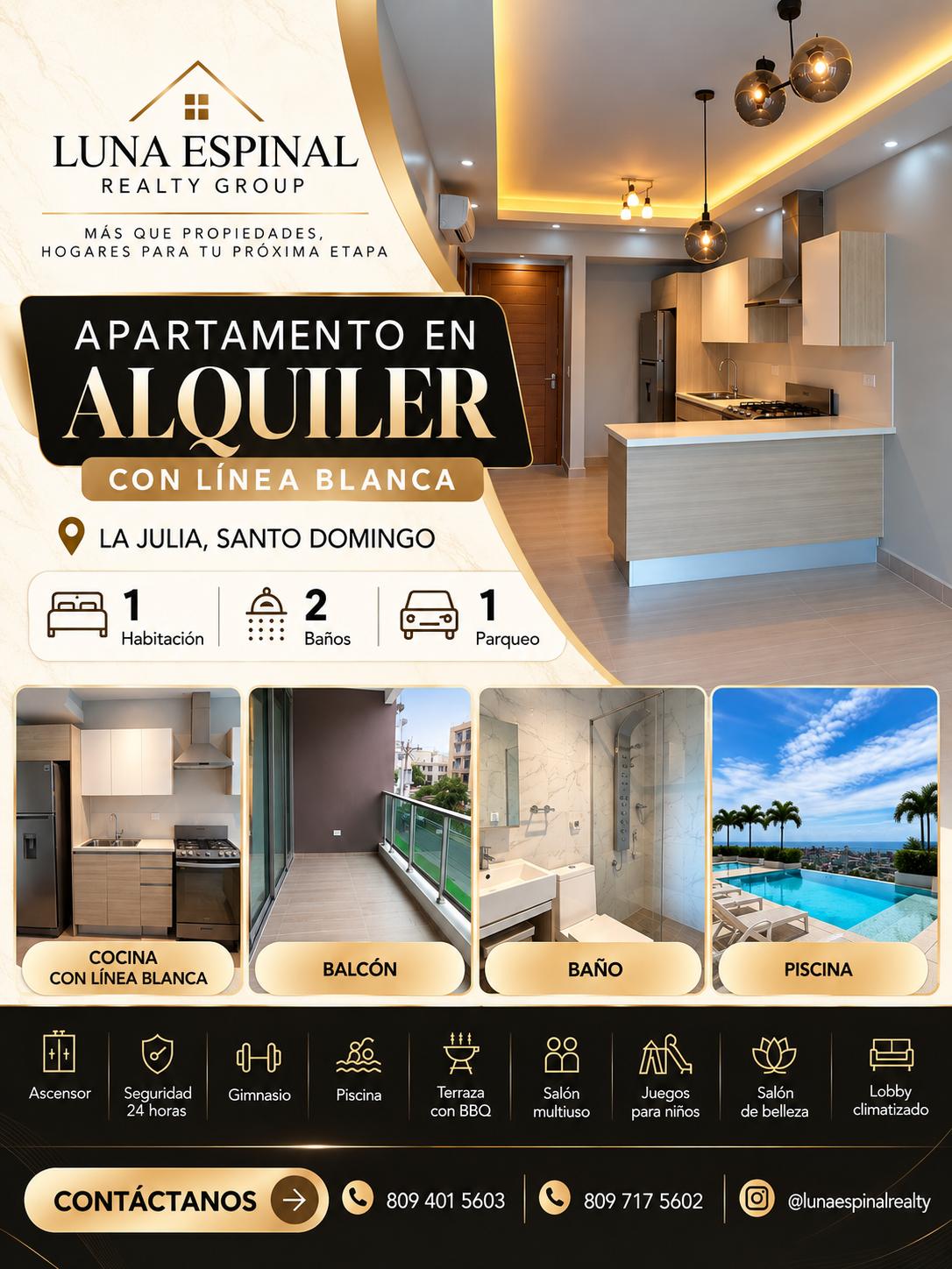 Apartamento en alquiler con lĆnea blanca 1 Hab en una torre espectacular š La Julia
