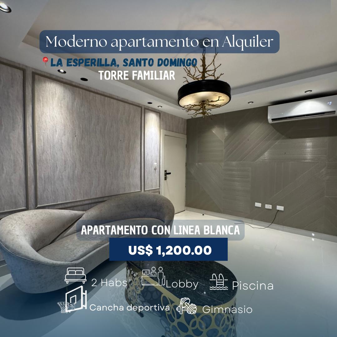 Vive en una de las zonas más exclusivas de Santo Domingo La Esperilla | apartamento con línea blanca 2 Habs en una Torre familiar